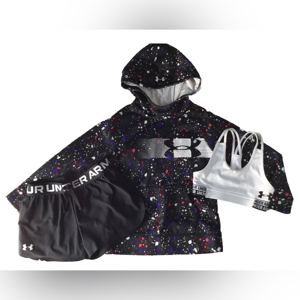 UNDER ARMOUR Girls size Y S M PAINT SPLATTERED HOODIE SPORTS BRA SHORTS SET